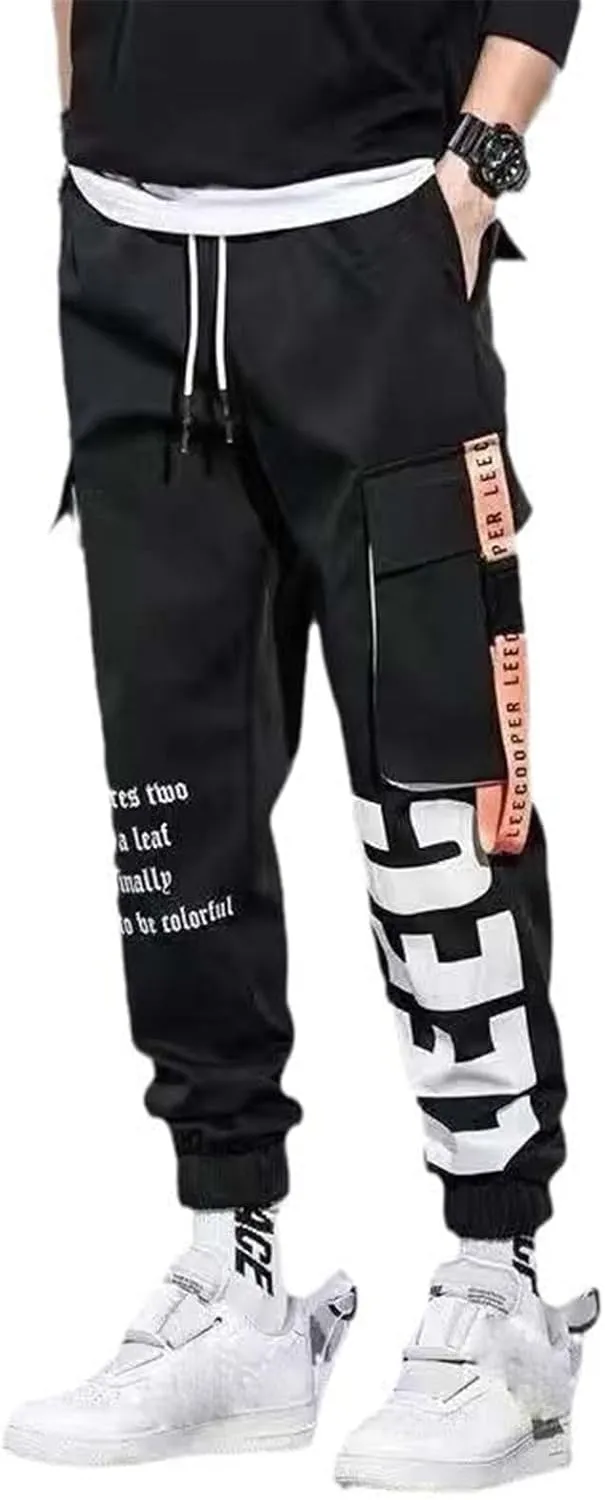 Aoleaky Casual Men's Streetwear Slim Fit Spring Cargo Pants with Ribbons Harem Jogging Pants Featuring Multiple Pockets