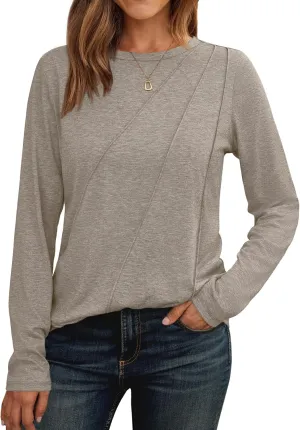 AUTOMET Womens Long Sleeve Shirts Pleated Crew Neck Casual Fall Fashion Tops Loose Fit Lightweight Girls Outfits Clothes