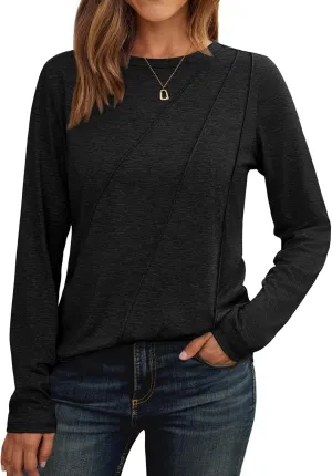 AUTOMET Womens Long Sleeve Shirts Pleated Crew Neck Casual Fall Fashion Tops Loose Fit Lightweight Girls Outfits Clothes