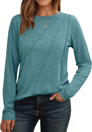 AUTOMET Womens Long Sleeve Shirts Pleated Crew Neck Casual Fall Fashion Tops Loose Fit Lightweight Girls Outfits Clothes