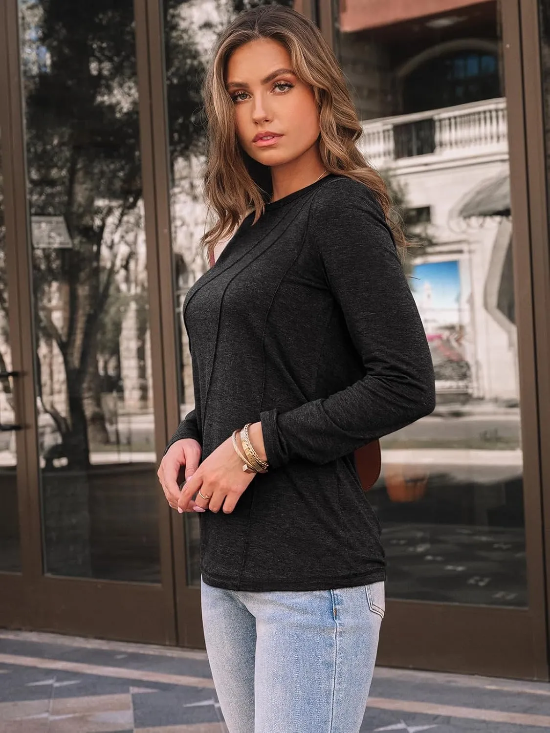 AUTOMET Womens Long Sleeve Shirts Pleated Crew Neck Casual Fall Fashion Tops Loose Fit Lightweight Girls Outfits Clothes