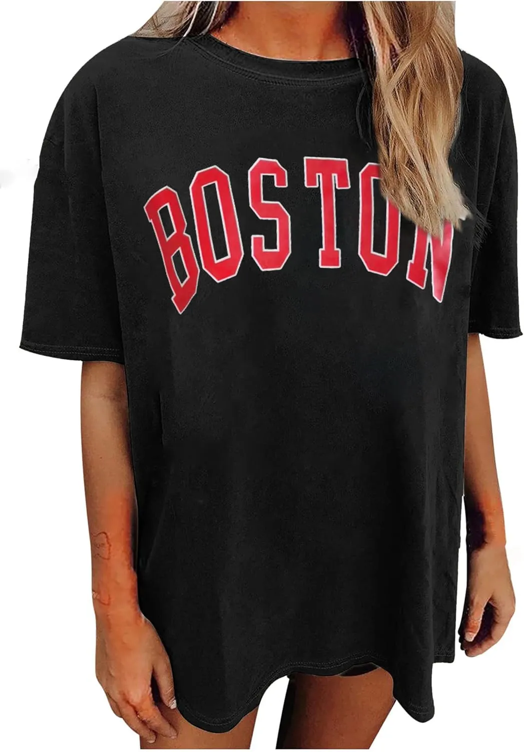 Avanova Women Letter Graphic Print Oversized Tee Shirt Short Sleeve Loose Fit Tops