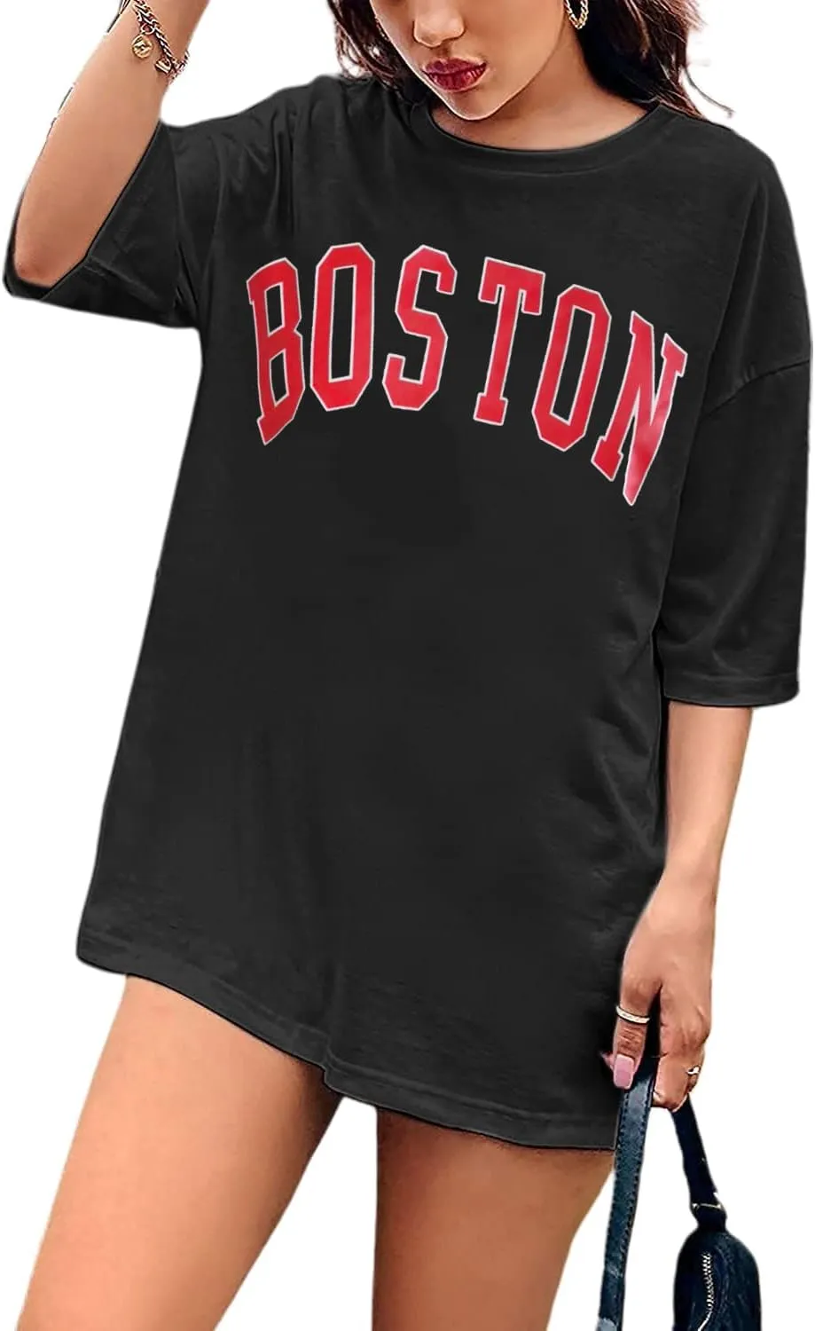 Avanova Women Letter Graphic Print Oversized Tee Shirt Short Sleeve Loose Fit Tops