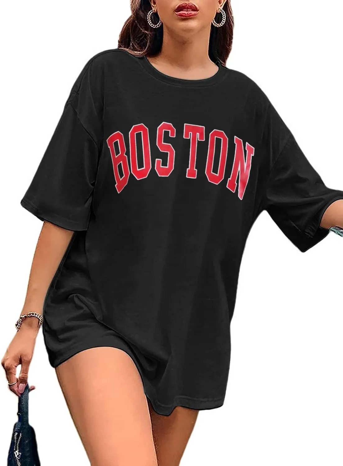 Avanova Women Letter Graphic Print Oversized Tee Shirt Short Sleeve Loose Fit Tops