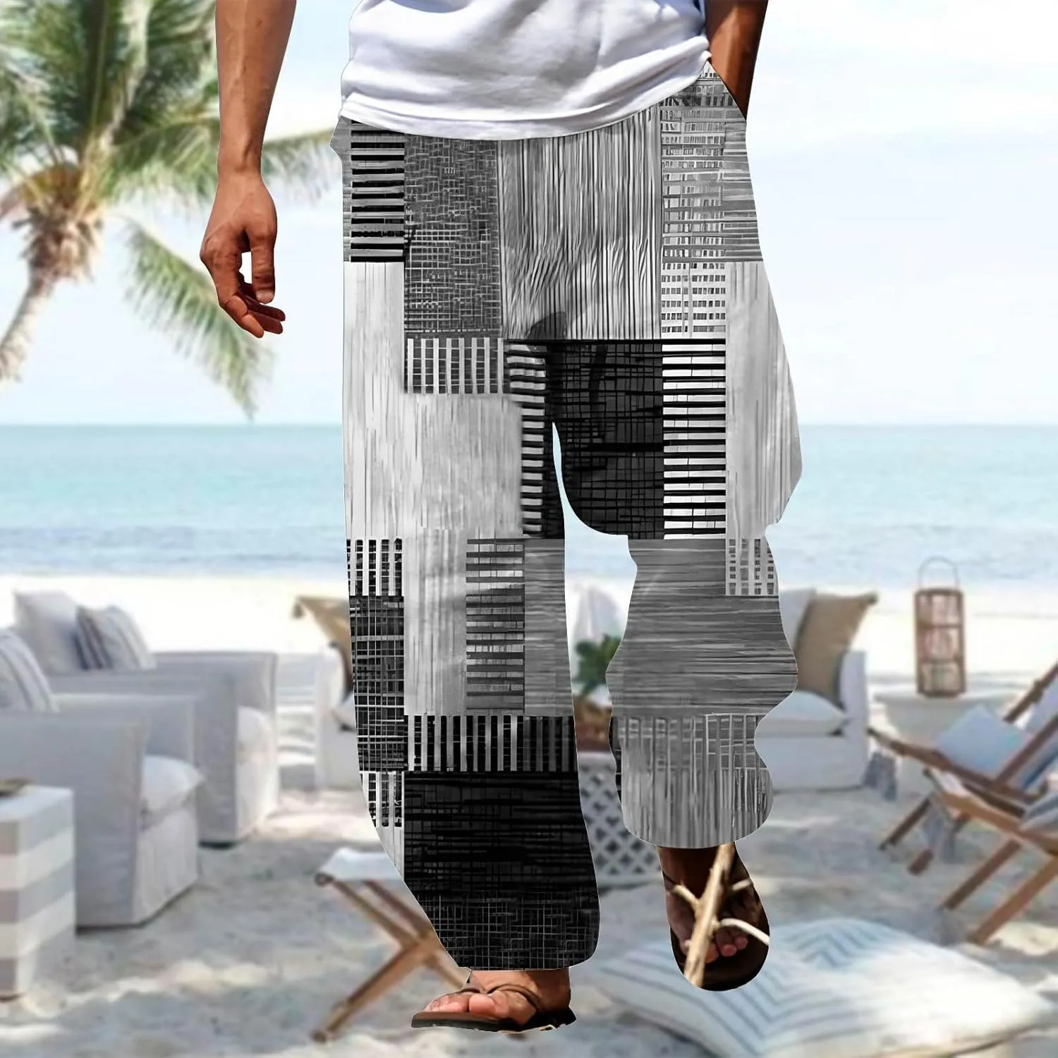Baggy Harem Hippie Pants for Men Summer Linen Wide Leg Yoga Beach Pants Elastic Waist Casual Loose Hawaiian Trousers