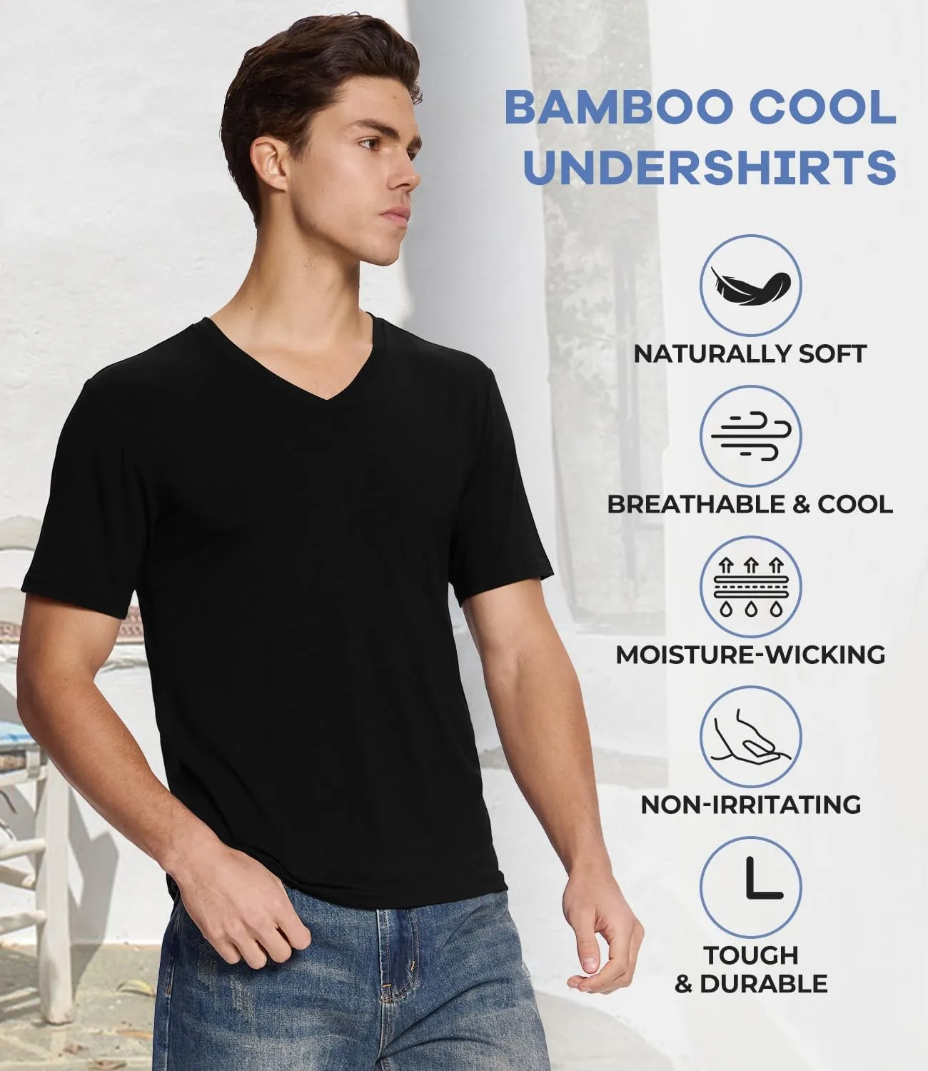 BAMBOO COOL Men's Undershirts Stretch V Neck T-Shirts,Breathable and Moisture-Wicking Tees for Men 3 Pack