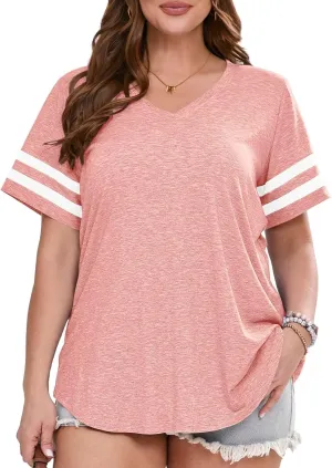 BELAROI Womens Plus Size T Shirts Striped Short Sleeve V Neck Tops Summer Casual Tshirts Loose Fit Blouses