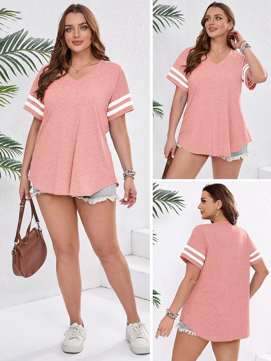 BELAROI Womens Plus Size T Shirts Striped Short Sleeve V Neck Tops Summer Casual Tshirts Loose Fit Blouses