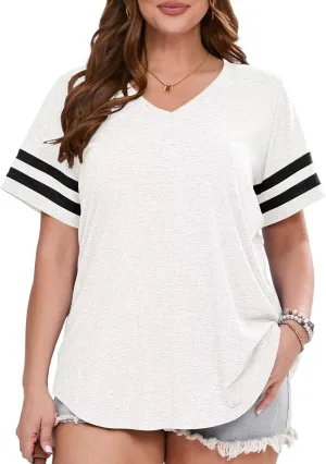 BELAROI Womens Plus Size T Shirts Striped Short Sleeve V Neck Tops Summer Casual Tshirts Loose Fit Blouses