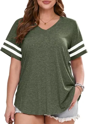 BELAROI Womens Plus Size T Shirts Striped Short Sleeve V Neck Tops Summer Casual Tshirts Loose Fit Blouses
