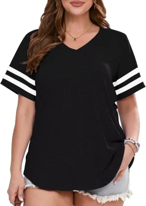 BELAROI Womens Plus Size T Shirts Striped Short Sleeve V Neck Tops Summer Casual Tshirts Loose Fit Blouses