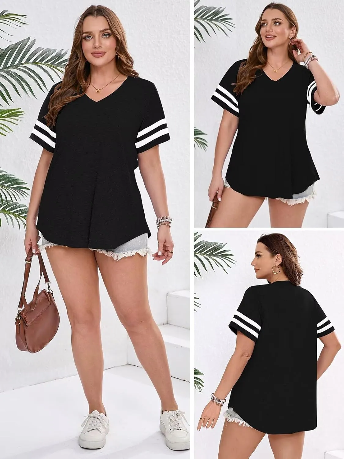 BELAROI Womens Plus Size T Shirts Striped Short Sleeve V Neck Tops Summer Casual Tshirts Loose Fit Blouses