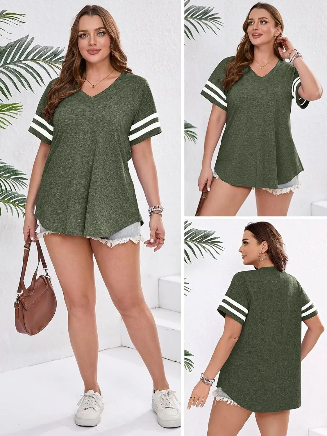 BELAROI Womens Plus Size T Shirts Striped Short Sleeve V Neck Tops Summer Casual Tshirts Loose Fit Blouses
