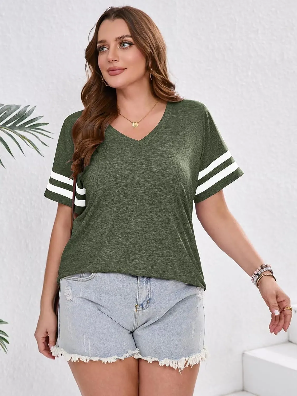 BELAROI Womens Plus Size T Shirts Striped Short Sleeve V Neck Tops Summer Casual Tshirts Loose Fit Blouses
