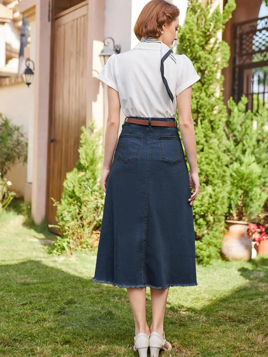 Belle Poque Vintage Denim Skirts for Women Elastic High Waist Frayed Raw Hem A-Line Maxi Long Jean Skirts with Pockets