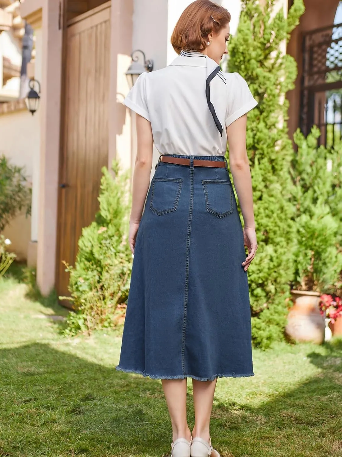 Belle Poque Vintage Denim Skirts for Women Elastic High Waist Frayed Raw Hem A-Line Maxi Long Jean Skirts with Pockets