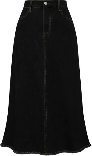 Belle Poque Vintage Denim Skirts for Women Elastic High Waist Frayed Raw Hem A-Line Maxi Long Jean Skirts with Pockets