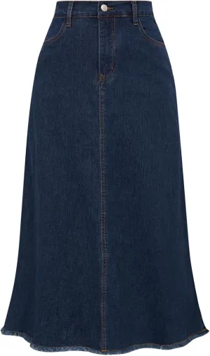 Belle Poque Vintage Denim Skirts for Women Elastic High Waist Frayed Raw Hem A-Line Maxi Long Jean Skirts with Pockets