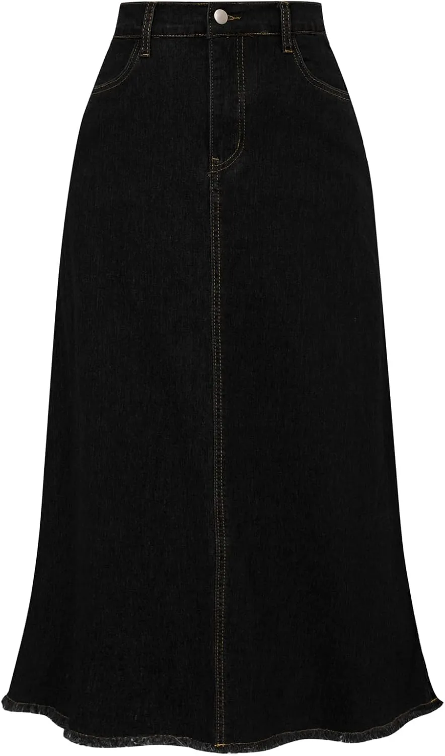 Belle Poque Vintage Denim Skirts for Women Elastic High Waist Frayed Raw Hem A-Line Maxi Long Jean Skirts with Pockets