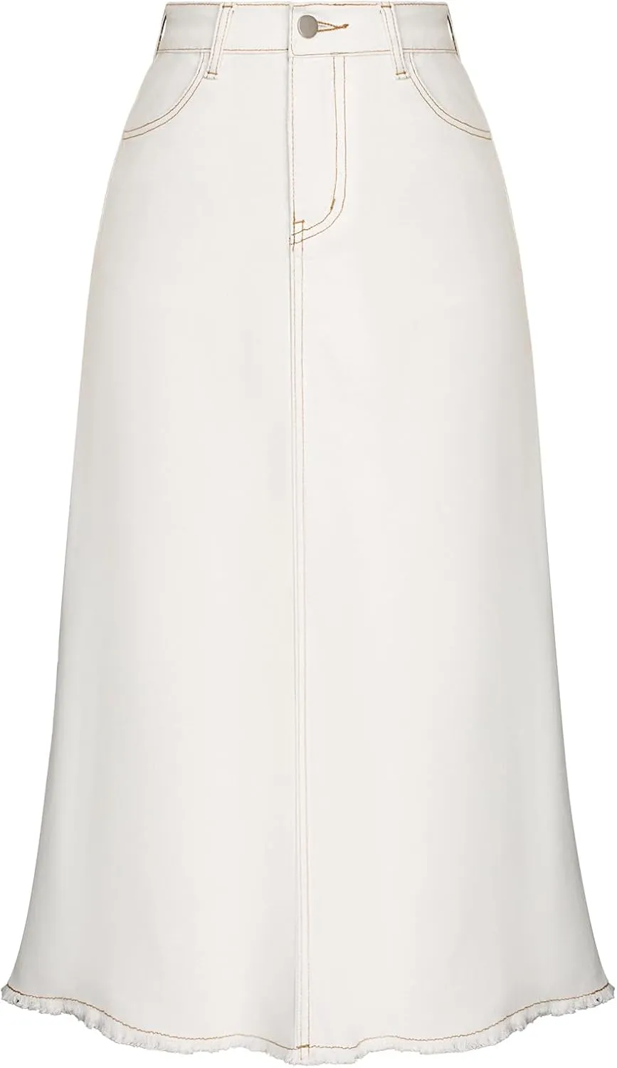 Belle Poque Vintage Denim Skirts for Women Elastic High Waist Frayed Raw Hem A-Line Maxi Long Jean Skirts with Pockets