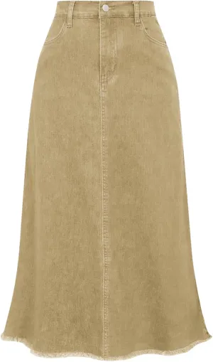 Belle Poque Vintage Denim Skirts for Women Elastic High Waist Frayed Raw Hem A-Line Maxi Long Jean Skirts with Pockets