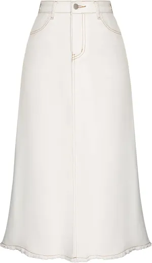 Belle Poque Vintage Denim Skirts for Women Elastic High Waist Frayed Raw Hem A-Line Maxi Long Jean Skirts with Pockets