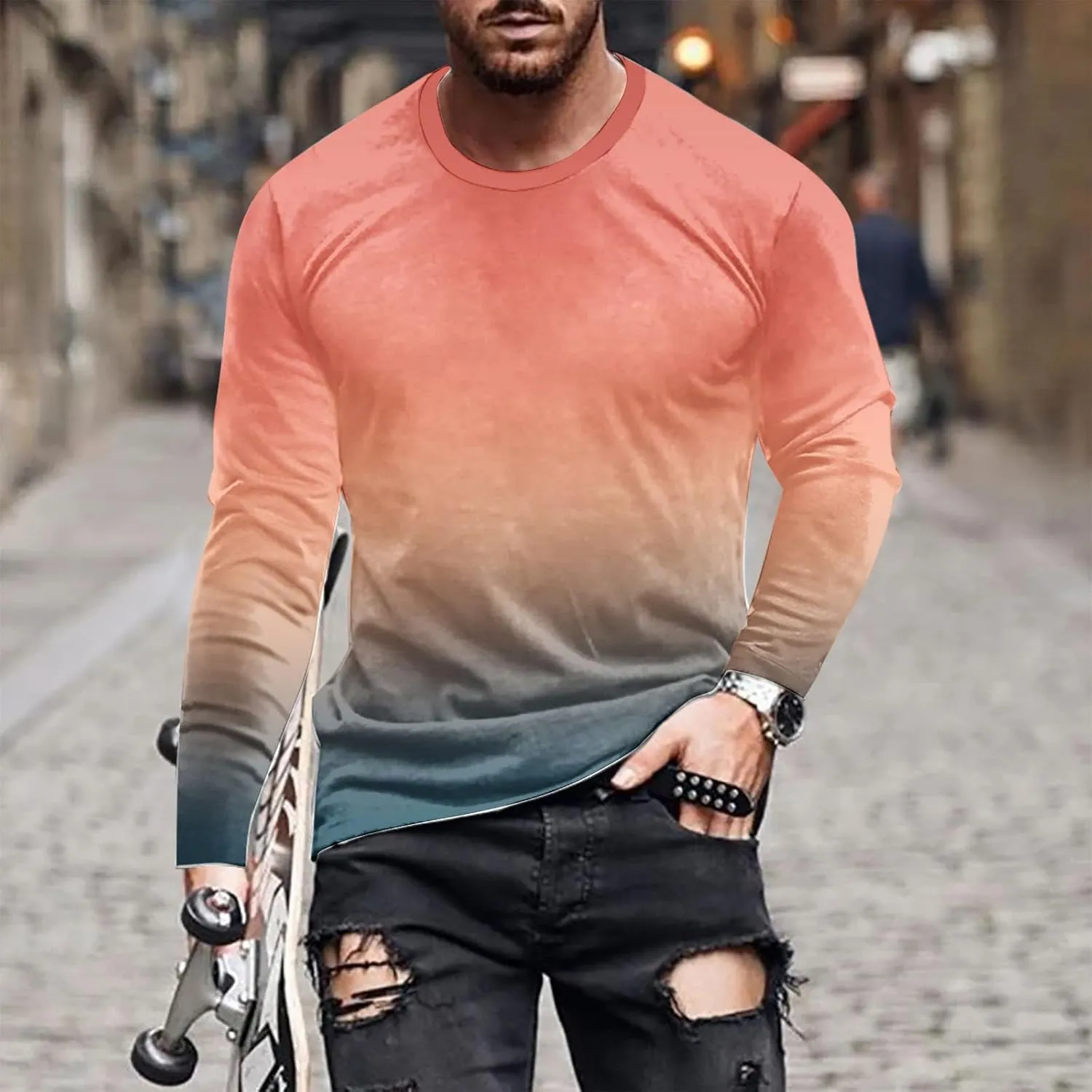 Big and Tall Shirts for Men Long Sleeve Gradient Color Crewneck Sweatshirts Casual Athletic Gym Workout Tee Tops