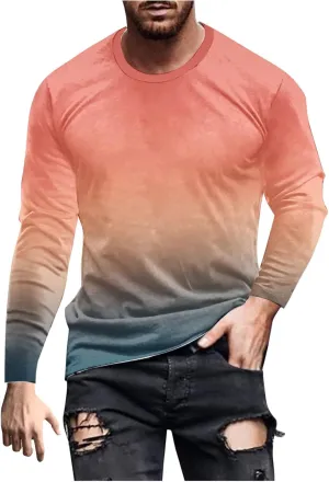 Big and Tall Shirts for Men Long Sleeve Gradient Color Crewneck Sweatshirts Casual Athletic Gym Workout Tee Tops