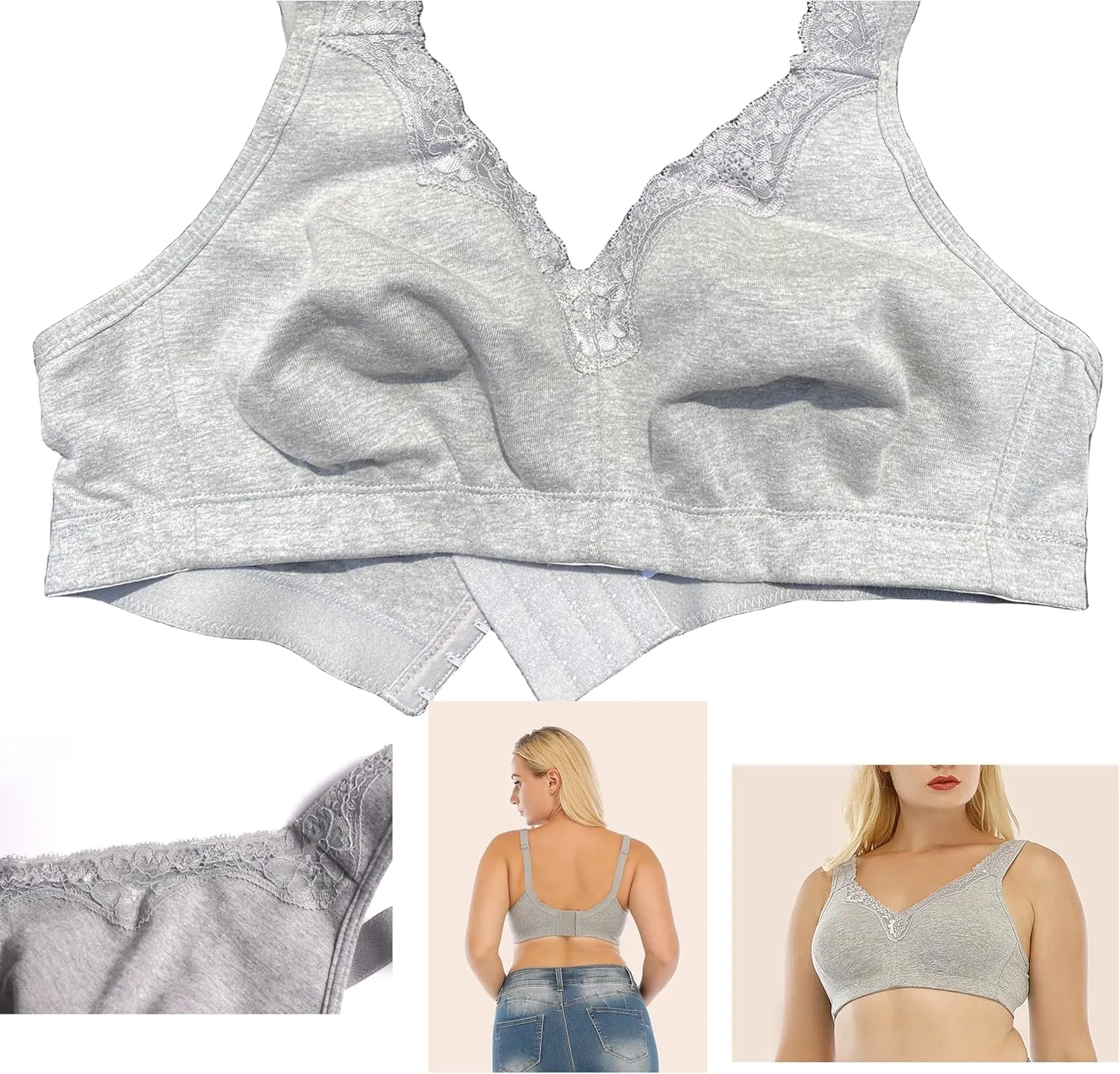 BIMEI Women's Plus Size Cotton Lace Pocket Bra Mastectomy Bra Full Coverage Wirefree Non-Padded