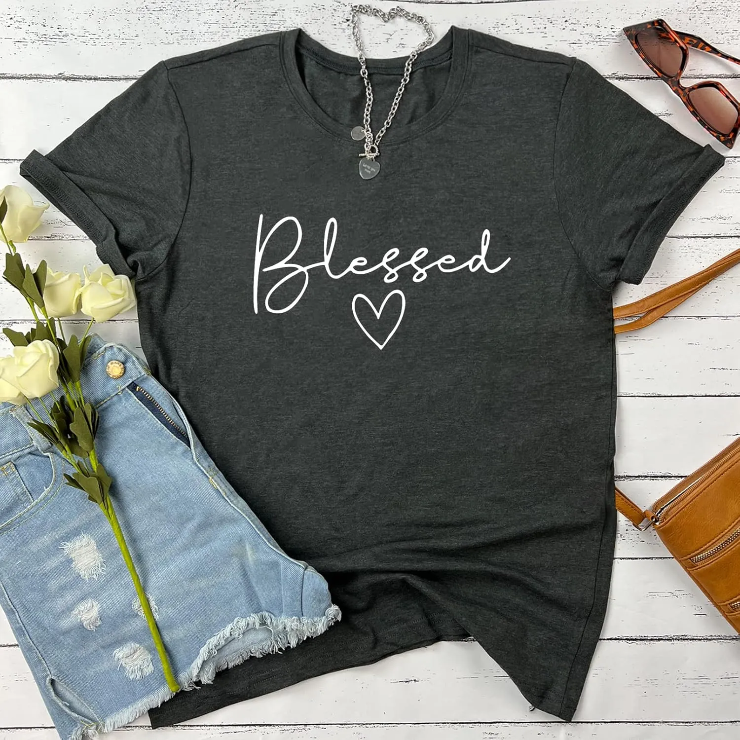 BLACKMYTH Women Cute Graphic Tees Cotton Bleesed Heart T-Shirts