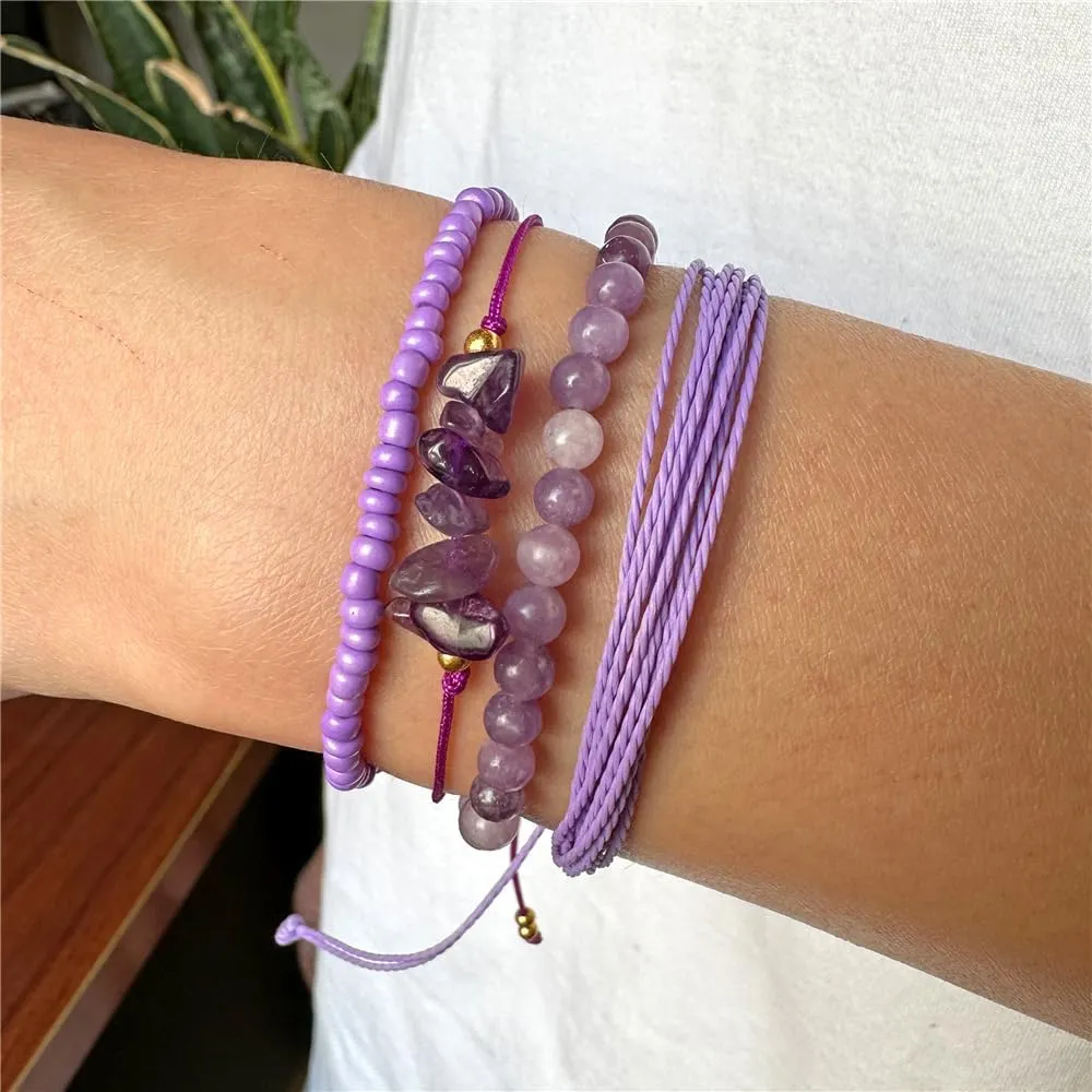 Boho Braided Beaded String Bracelets Handmade Adjustable Beaded Gemstone Bracelets Woven Stretch String Bracelets Set
