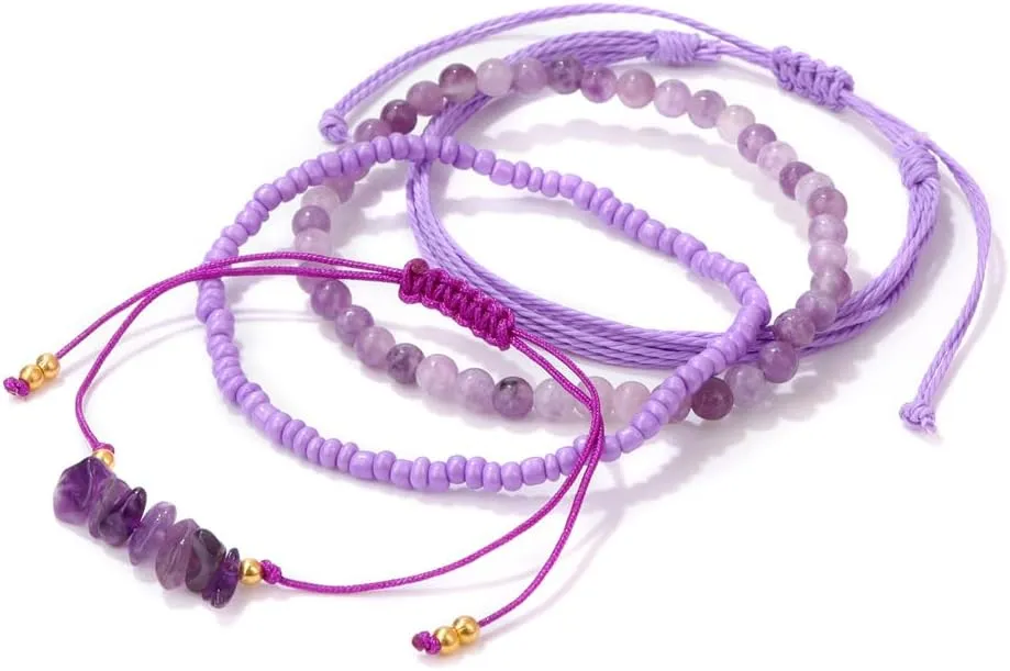 Boho Braided Beaded String Bracelets Handmade Adjustable Beaded Gemstone Bracelets Woven Stretch String Bracelets Set