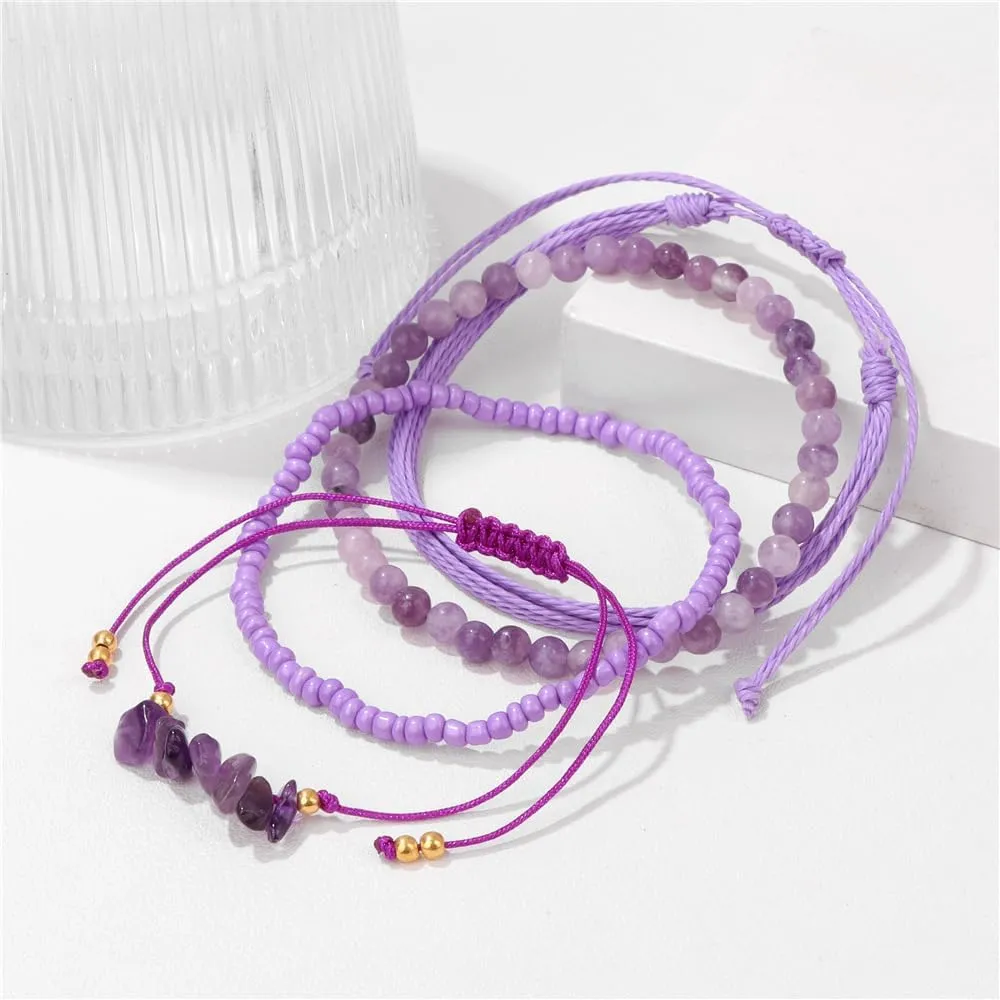 Boho Braided Beaded String Bracelets Handmade Adjustable Beaded Gemstone Bracelets Woven Stretch String Bracelets Set