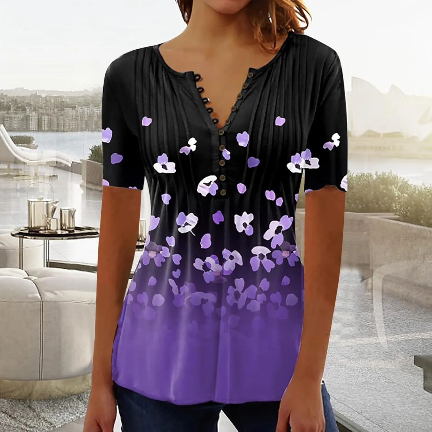 Boho Tops for Women Summer Casual Bohemian Floral Print Short Sleeve Empire Waist Button Down Shirts Elegant Blouses