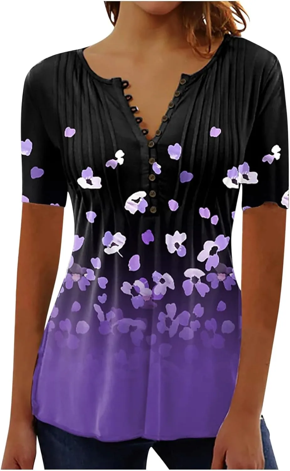 Boho Tops for Women Summer Casual Bohemian Floral Print Short Sleeve Empire Waist Button Down Shirts Elegant Blouses