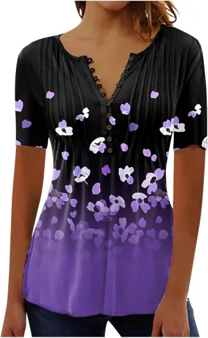 Boho Tops for Women Summer Casual Bohemian Floral Print Short Sleeve Empire Waist Button Down Shirts Elegant Blouses