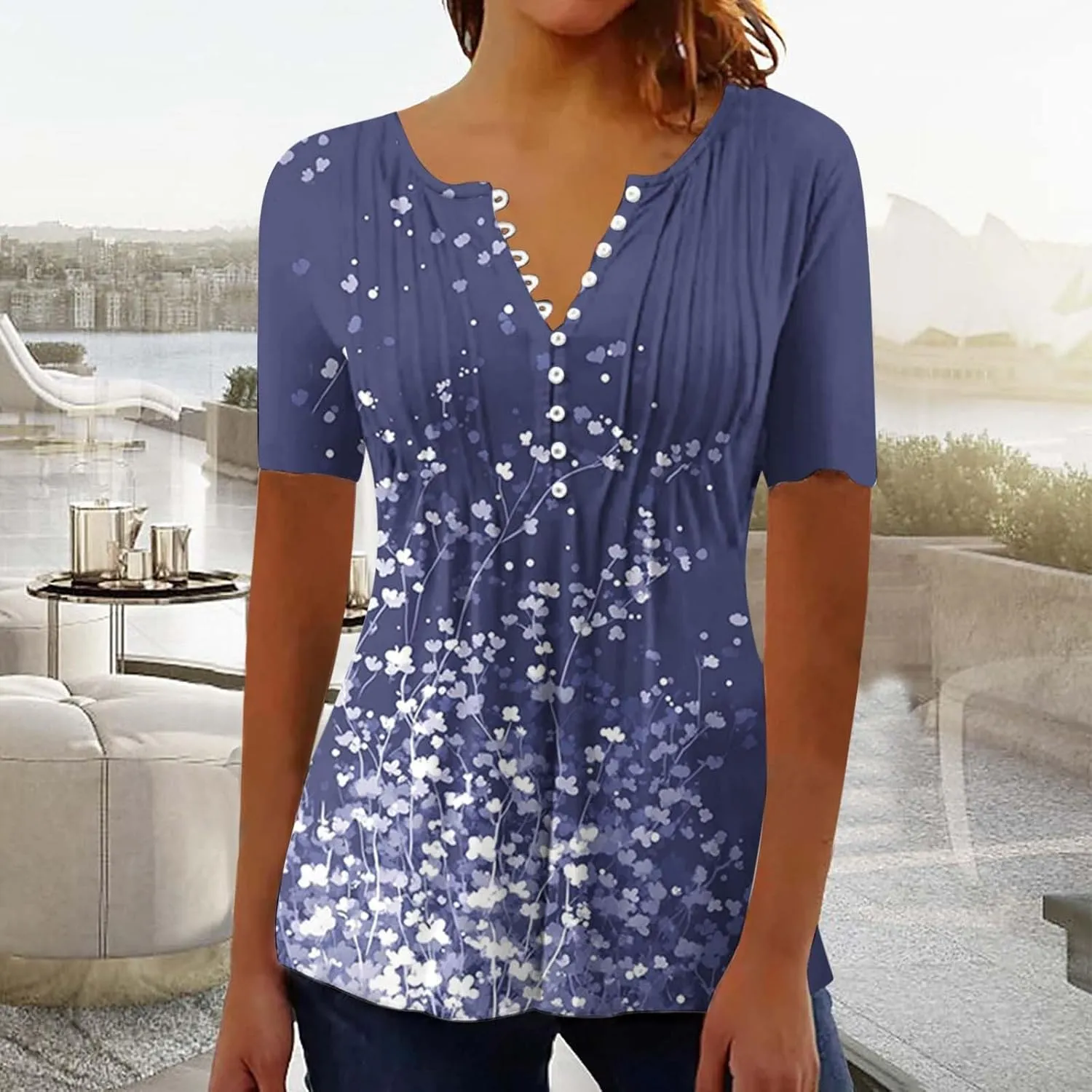 Boho Tops for Women Summer Causal Empire Waist Short Sleeve Shirts Button Down Floral Print Loose Blouse Tees