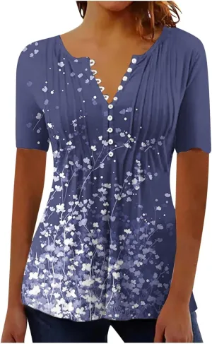Boho Tops for Women Summer Causal Empire Waist Short Sleeve Shirts Button Down Floral Print Loose Blouse Tees