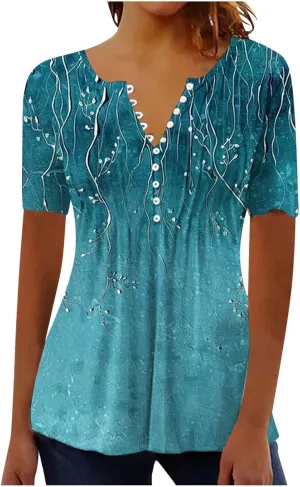 Boho Tops for Women Summer Causal Empire Waist Short Sleeve Shirts Button Down Floral Print Loose Blouse Tees