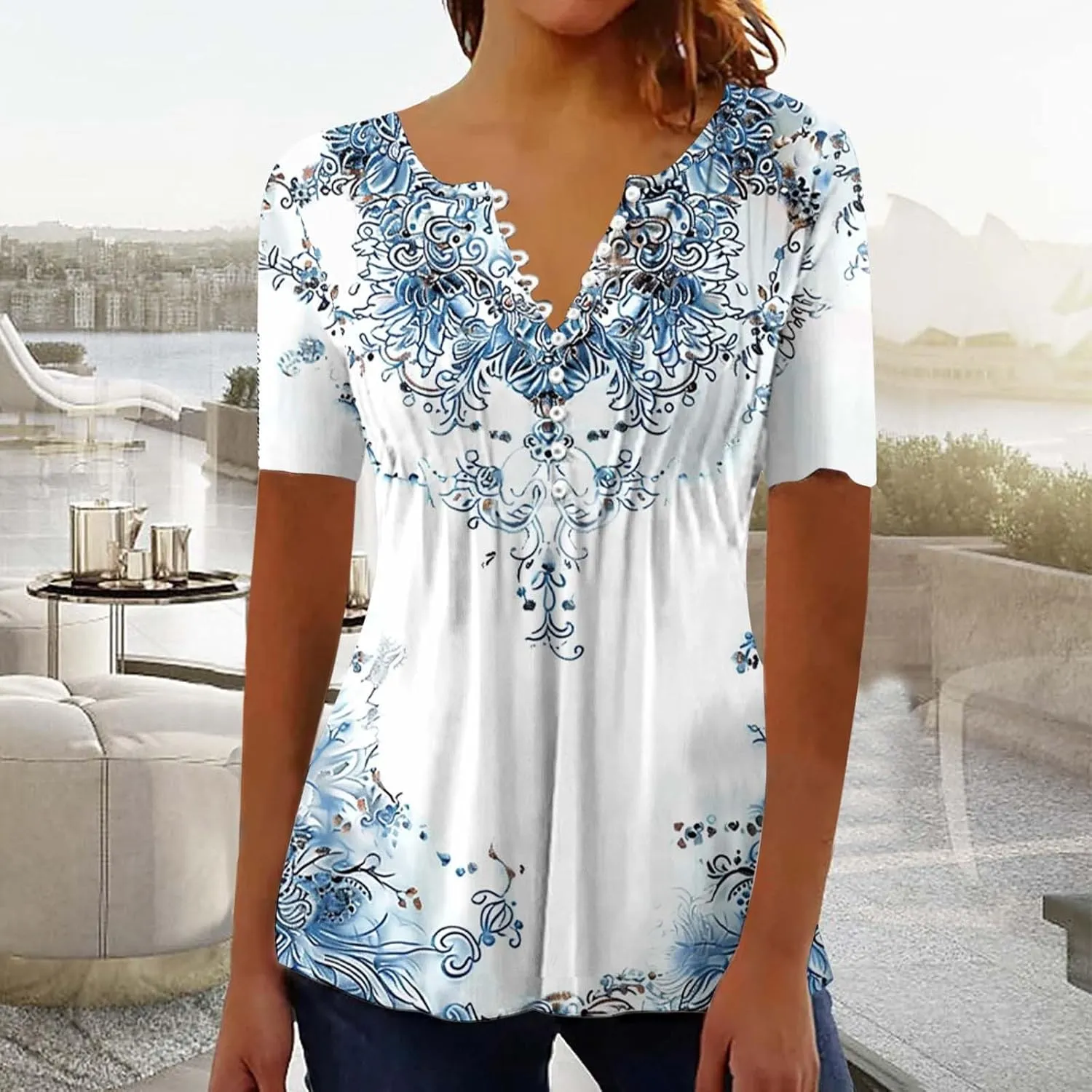 Boho Tops for Women Summer Causal Empire Waist Short Sleeve Shirts Button Down Floral Print Loose Blouse Tees