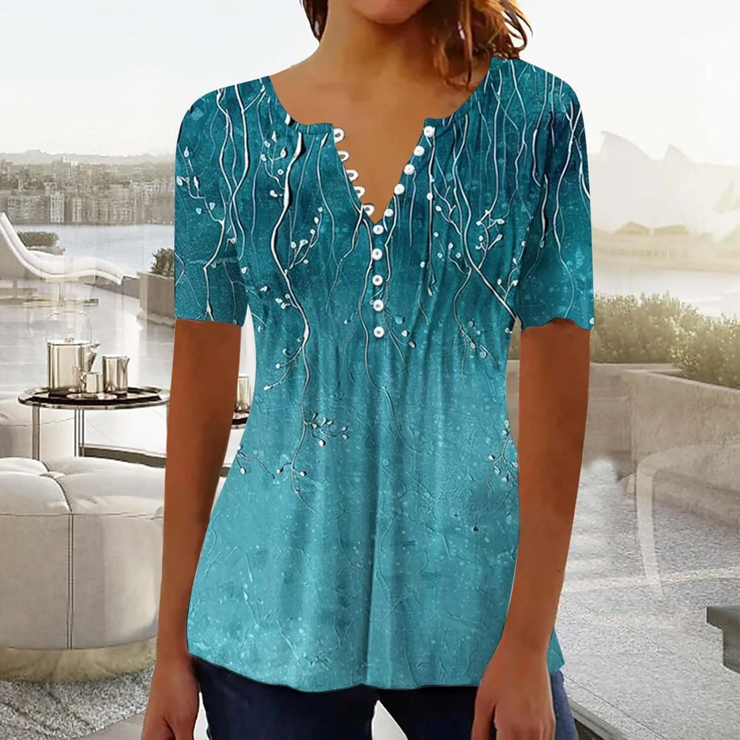 Boho Tops for Women Summer Causal Empire Waist Short Sleeve Shirts Button Down Floral Print Loose Blouse Tees