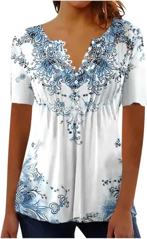 Boho Tops for Women Summer Causal Empire Waist Short Sleeve Shirts Button Down Floral Print Loose Blouse Tees