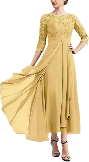 Bride Dresses for Wedding 3/4 Sleeves Formal Dress Chiffon Evening Gown Applique Lace Up Gold 16W