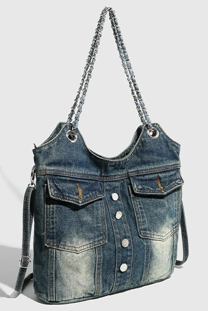 Bucket Denim Shoulder Bags for Women Trendy Y2k Crossbody Tote Bag Large Chain Handbag Retro Top Handle Purse
