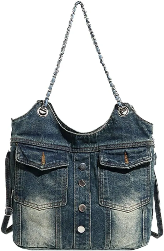 Bucket Denim Shoulder Bags for Women Trendy Y2k Crossbody Tote Bag Large Chain Handbag Retro Top Handle Purse