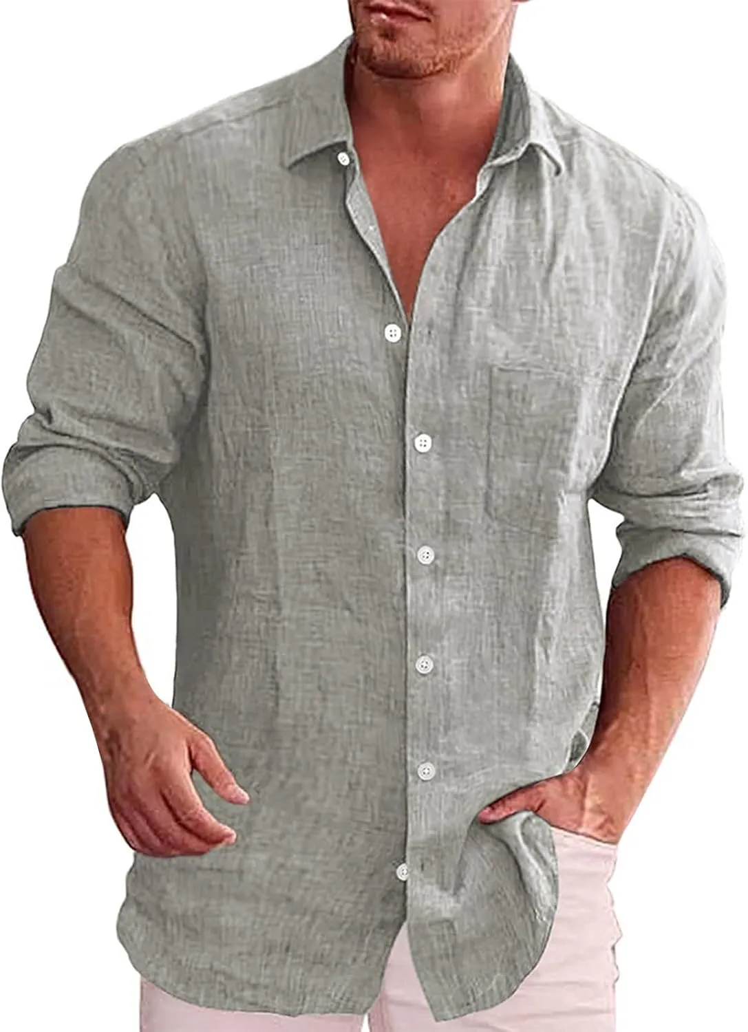 Button Down Linen Shirts for Men Casual Long Sleeve Regular Fit Cotton Beach Tops with Pocket Summer Vacation Shirt