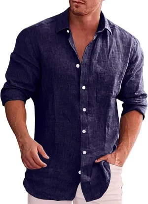 Button Down Linen Shirts for Men Casual Long Sleeve Regular Fit Cotton Beach Tops with Pocket Summer Vacation Shirt