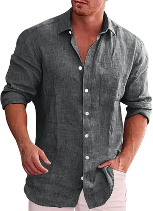 Button Down Linen Shirts for Men Casual Long Sleeve Regular Fit Cotton Beach Tops with Pocket Summer Vacation Shirt