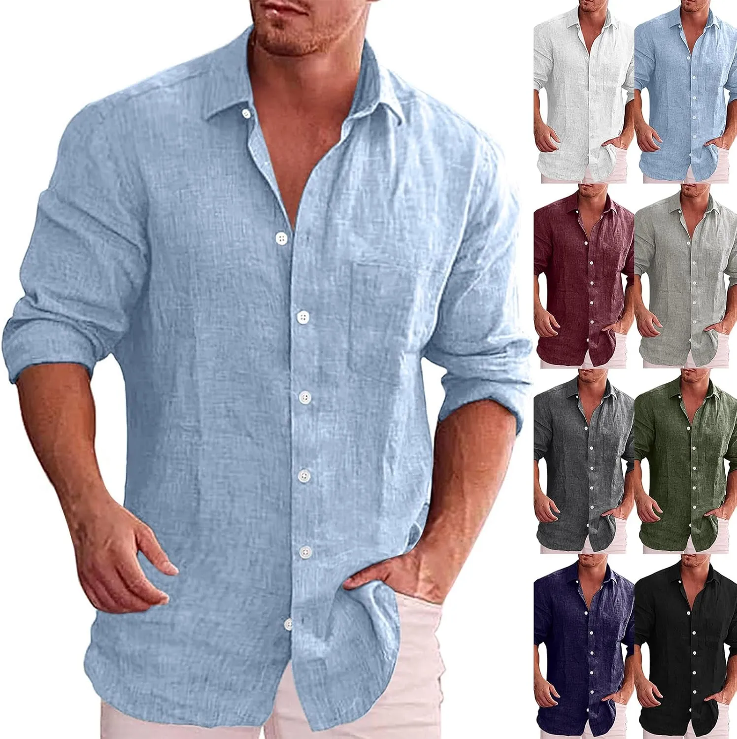 Button Down Linen Shirts for Men Casual Long Sleeve Regular Fit Cotton Beach Tops with Pocket Summer Vacation Shirt