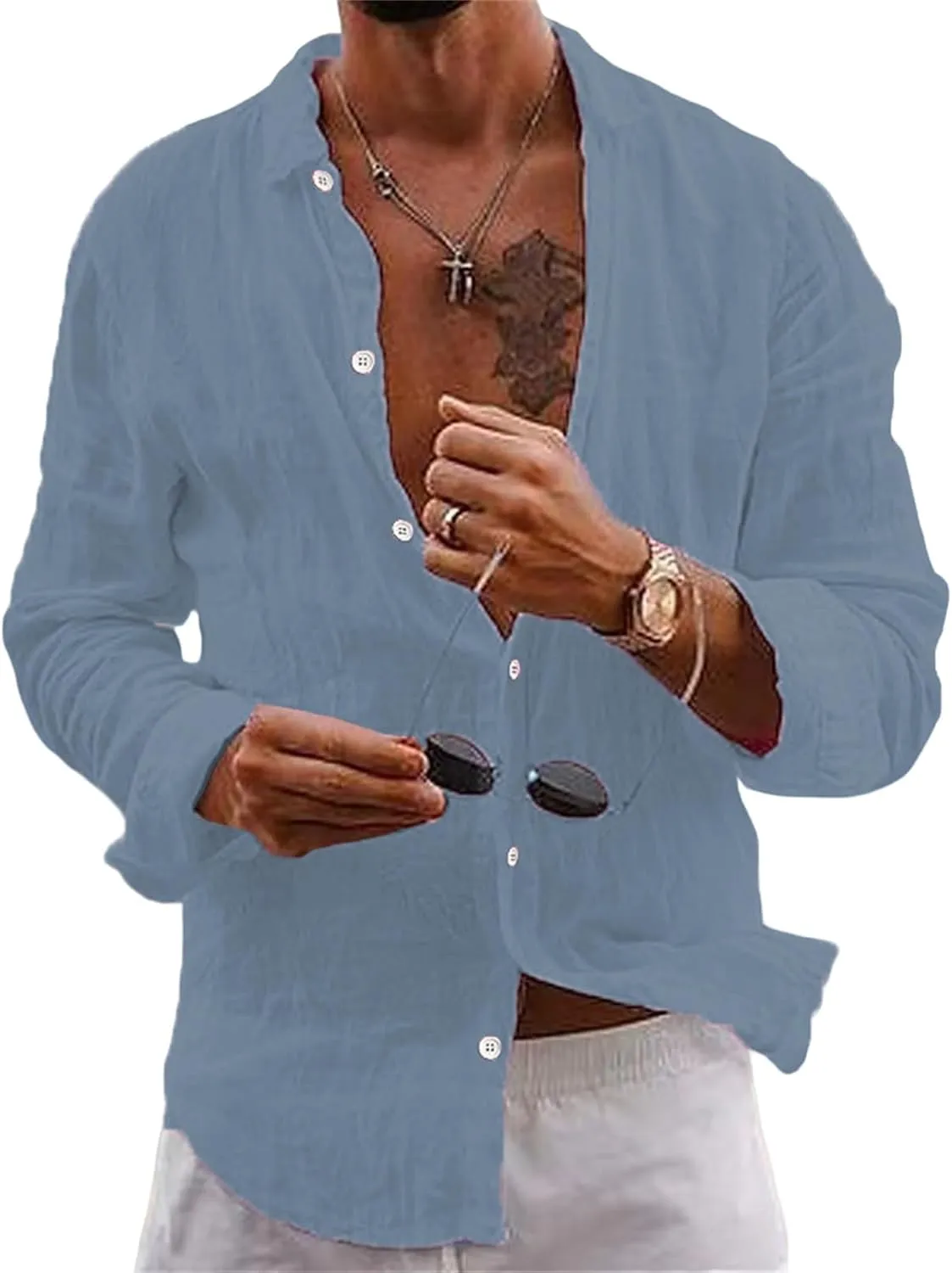 Button Down Linen Shirts for Men Casual Summer Beach Shirts Hipster Regular Fit Long Sleeve Shirts Everyday Clothing